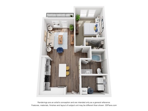 A 3D floor plan of a small apartment with a kitchen, living room, and bathroom.